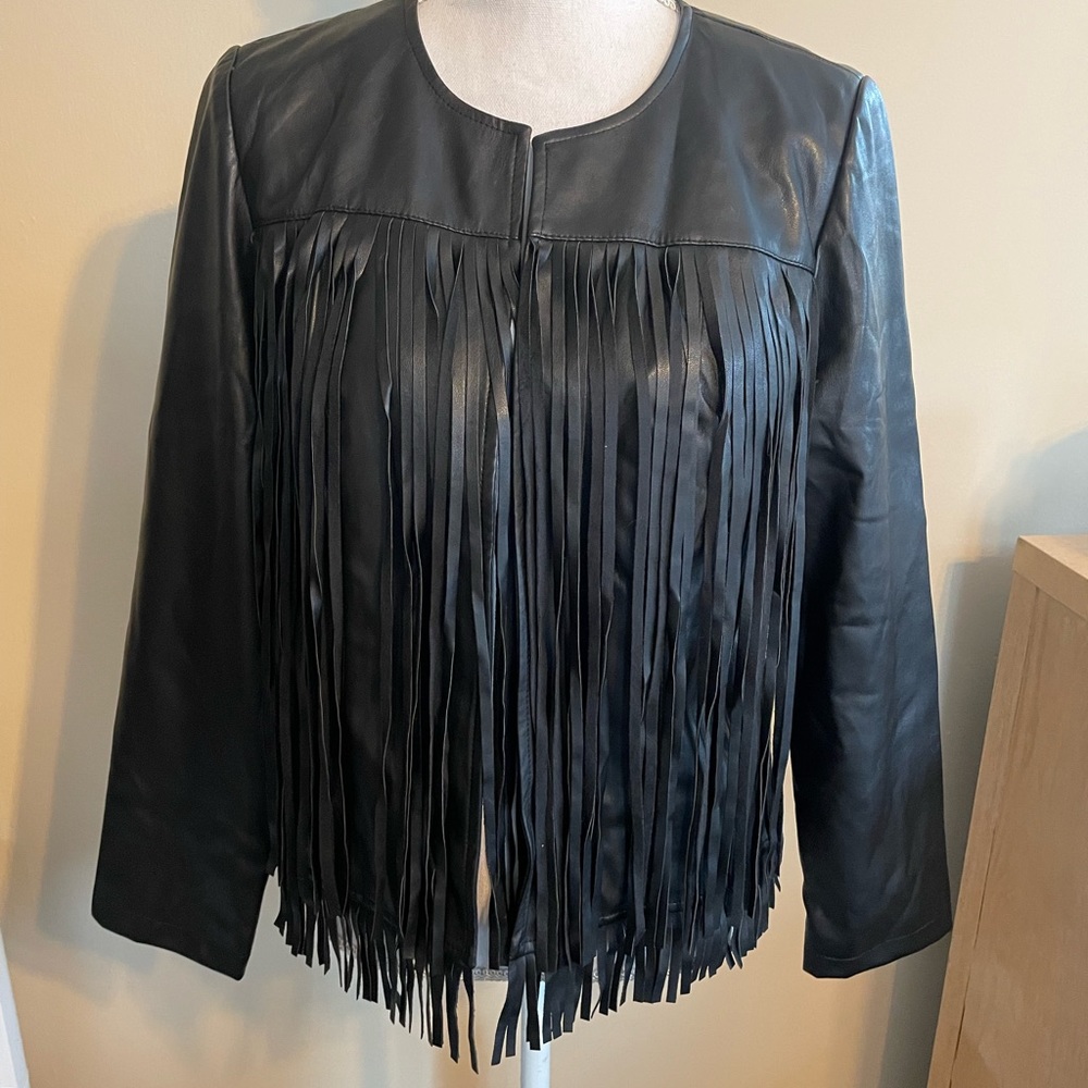 NWOT Chicos Faux Leather Fringe Jacket Size 0